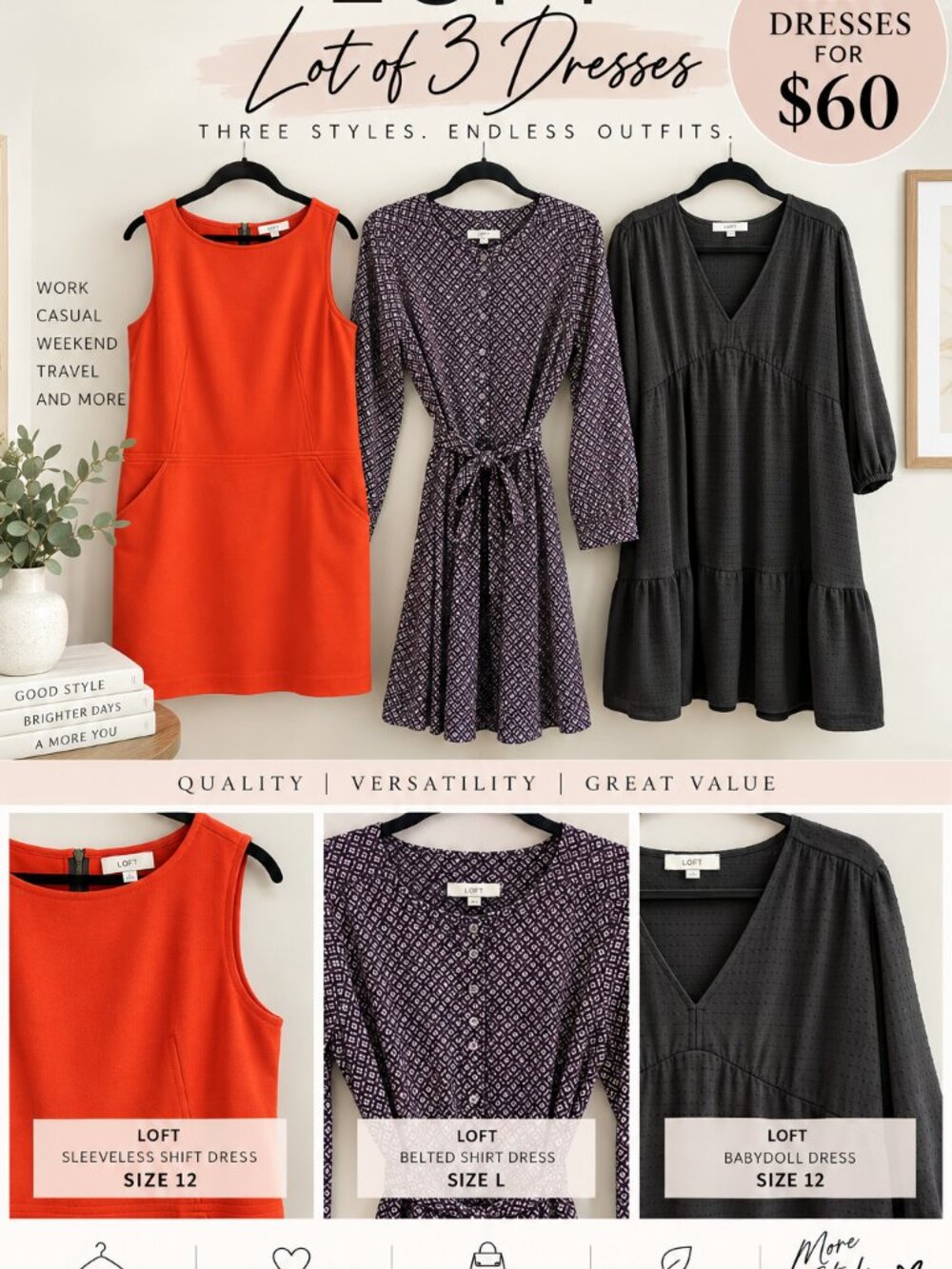LOFT Lot of 3 Dresses Size 12 & L Work Casual Bundle